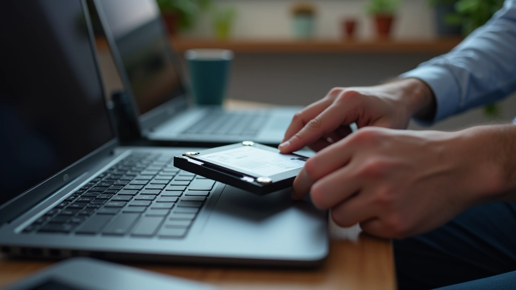 Portátil moderno con SSD instalado, enfoque en el compartimiento de almacenamiento abierto