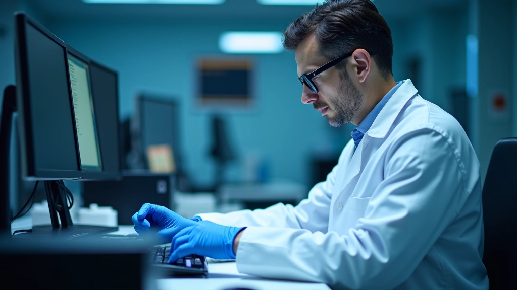 Técnico trabajando en laboratorio analizando rendimiento de disco duro con equipos de prueba y herramientas de diagnóstico